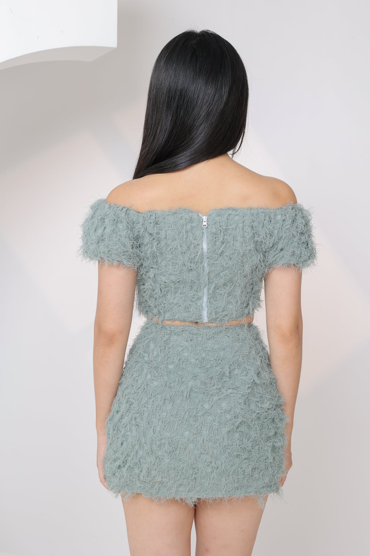 Candy Fluffy Off Shoulder Two Piece Set (Soft Green)