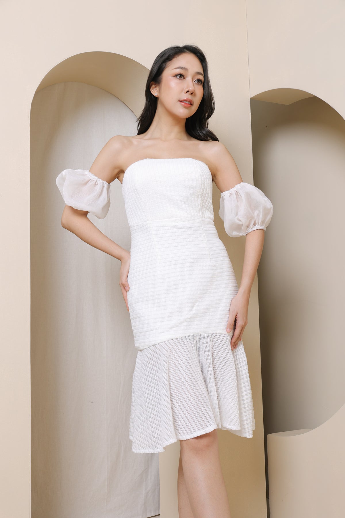 Swan Detachable Puff Sleeve Ruffle Dress (White)