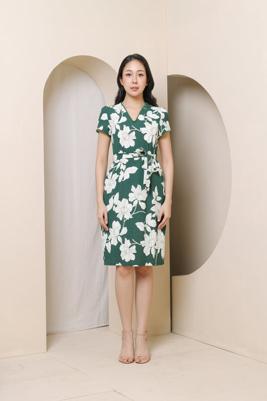 Laura V- Neck Flora Dress in Green