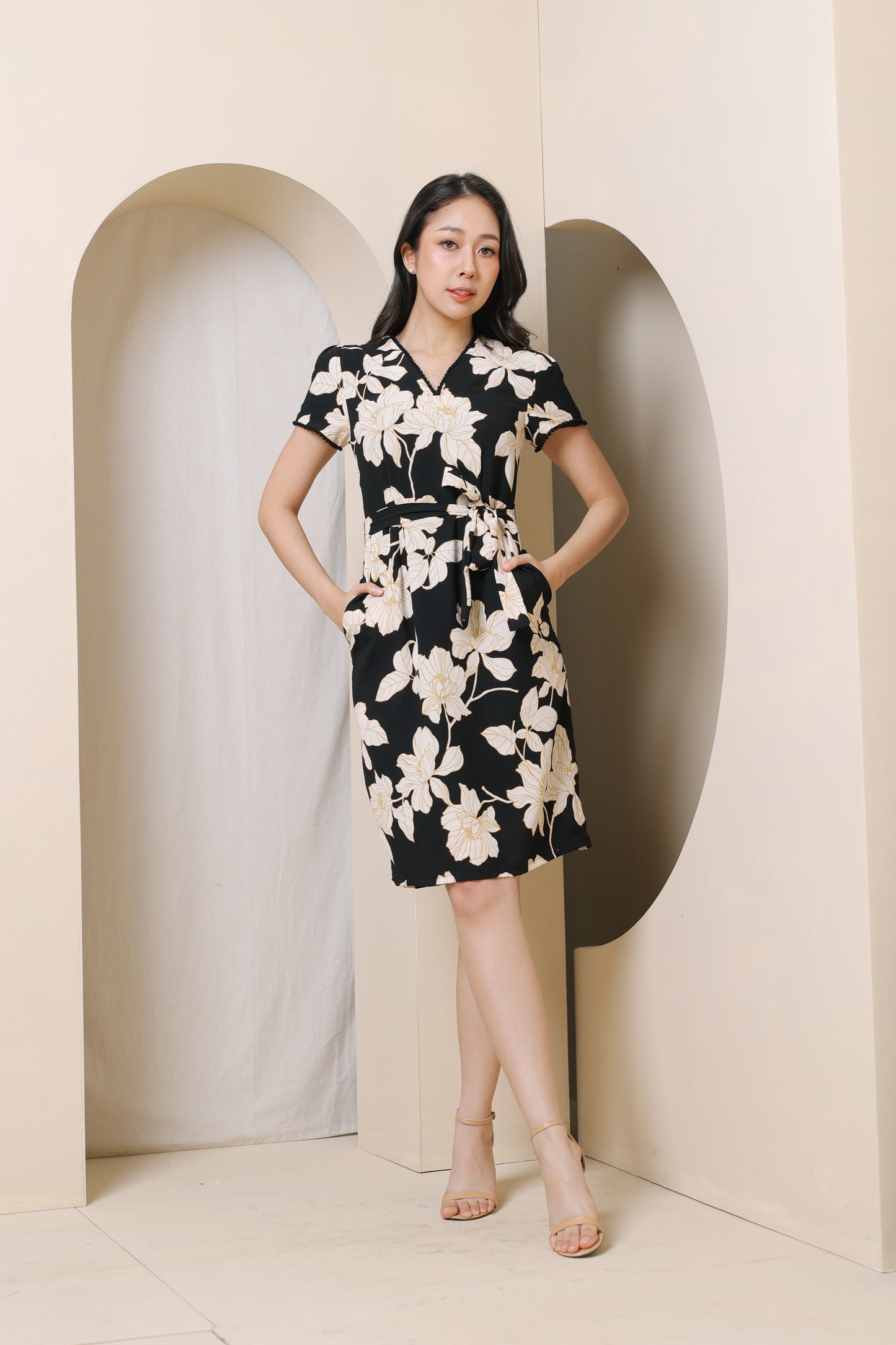 Laura V- Neck Flora Dress in Black