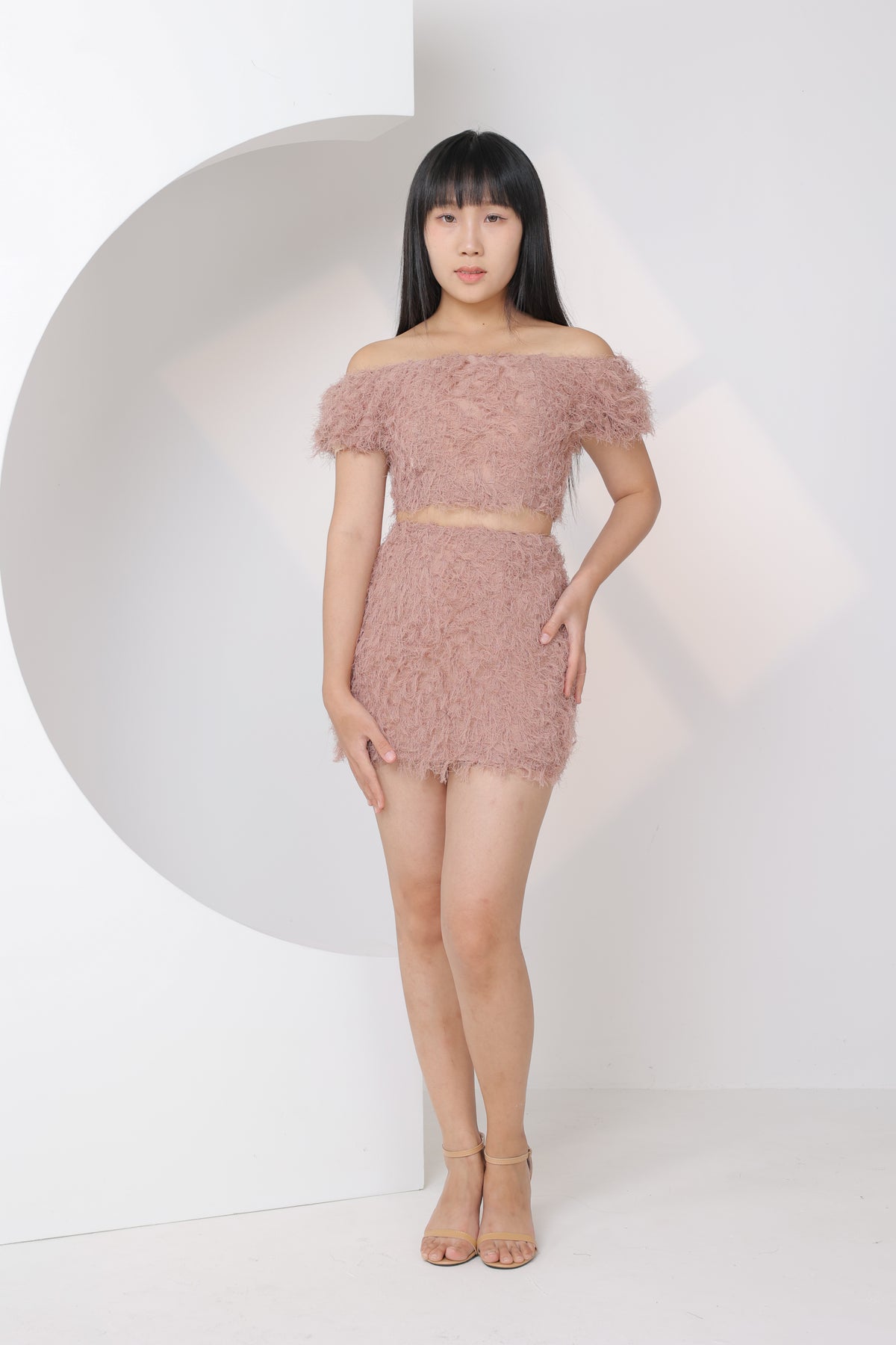 Candy Fluffy Off Shoulder Two Piece Set (Dusty Rose)
