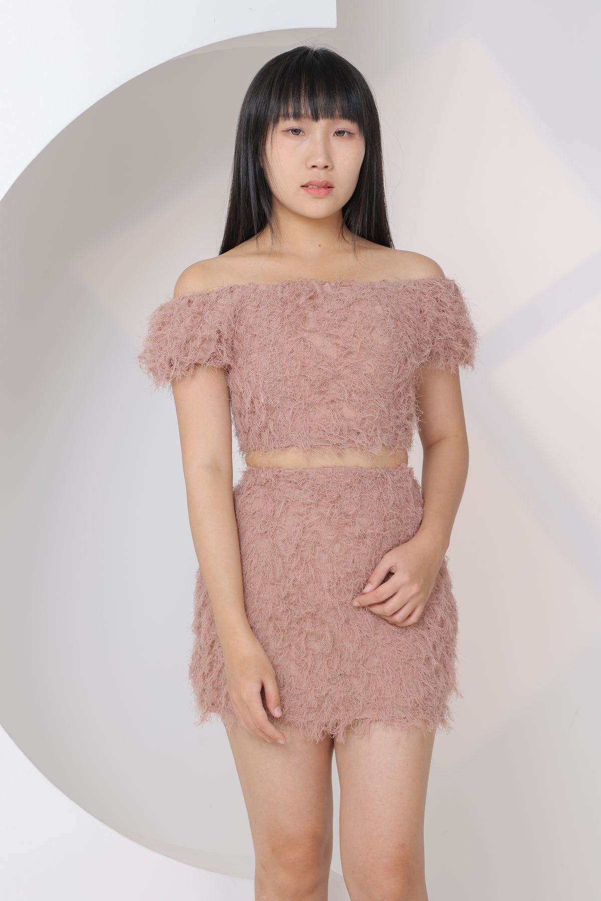 Candy Fluffy Off Shoulder Two Piece Set (Dusty Rose)