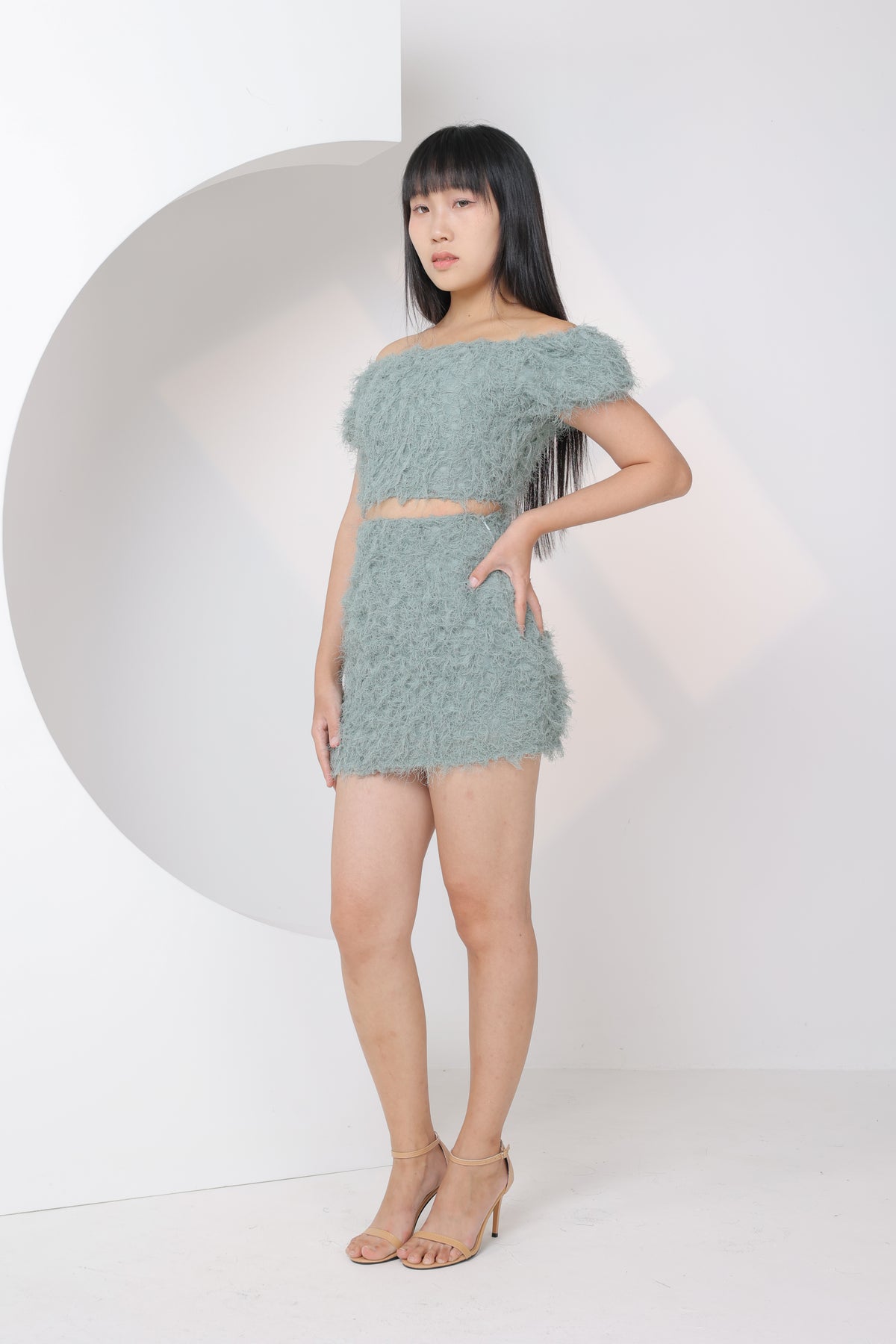 Candy Fluffy Off Shoulder Two Piece Set (Soft Green)