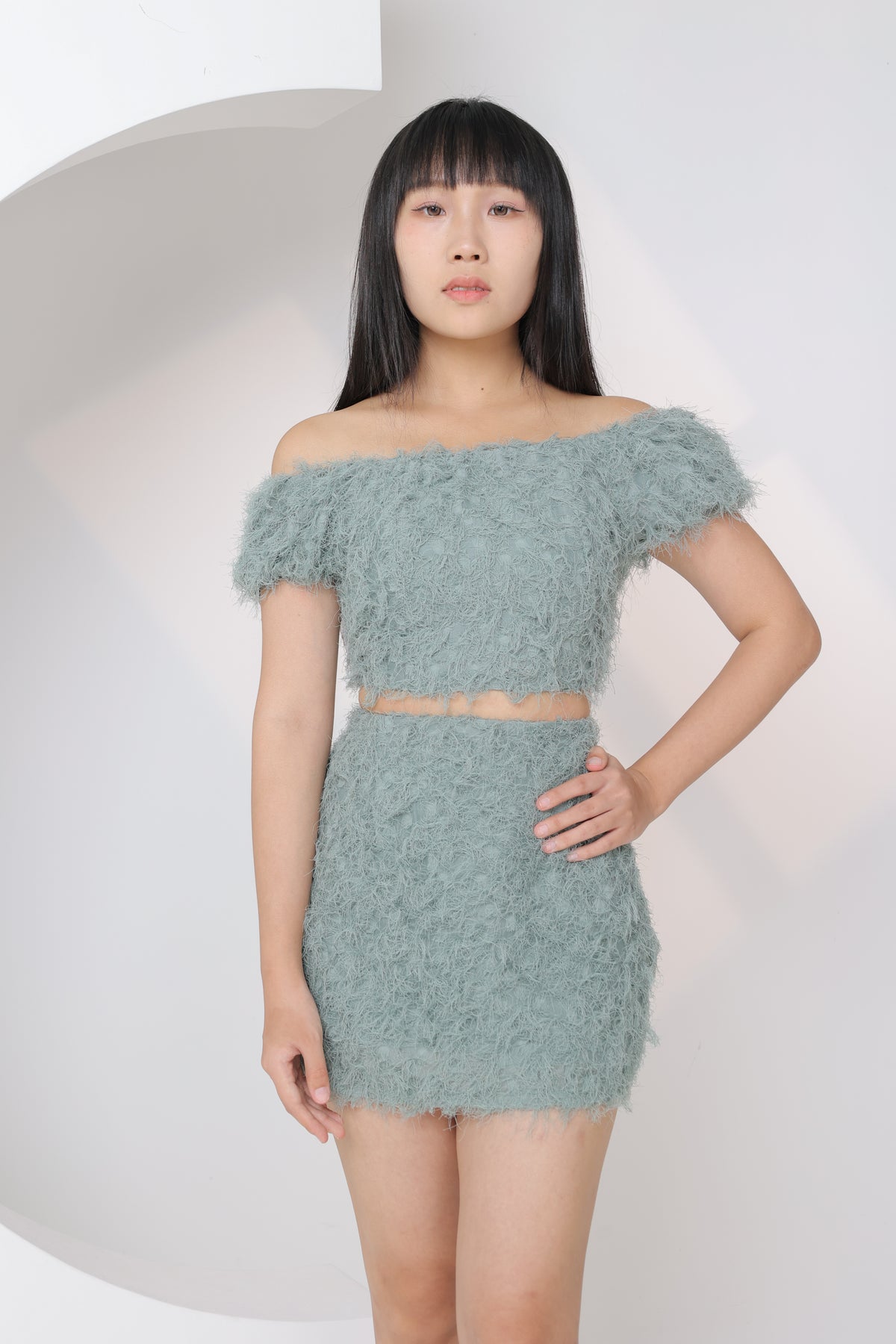Candy Fluffy Off Shoulder Two Piece Set (Soft Green)