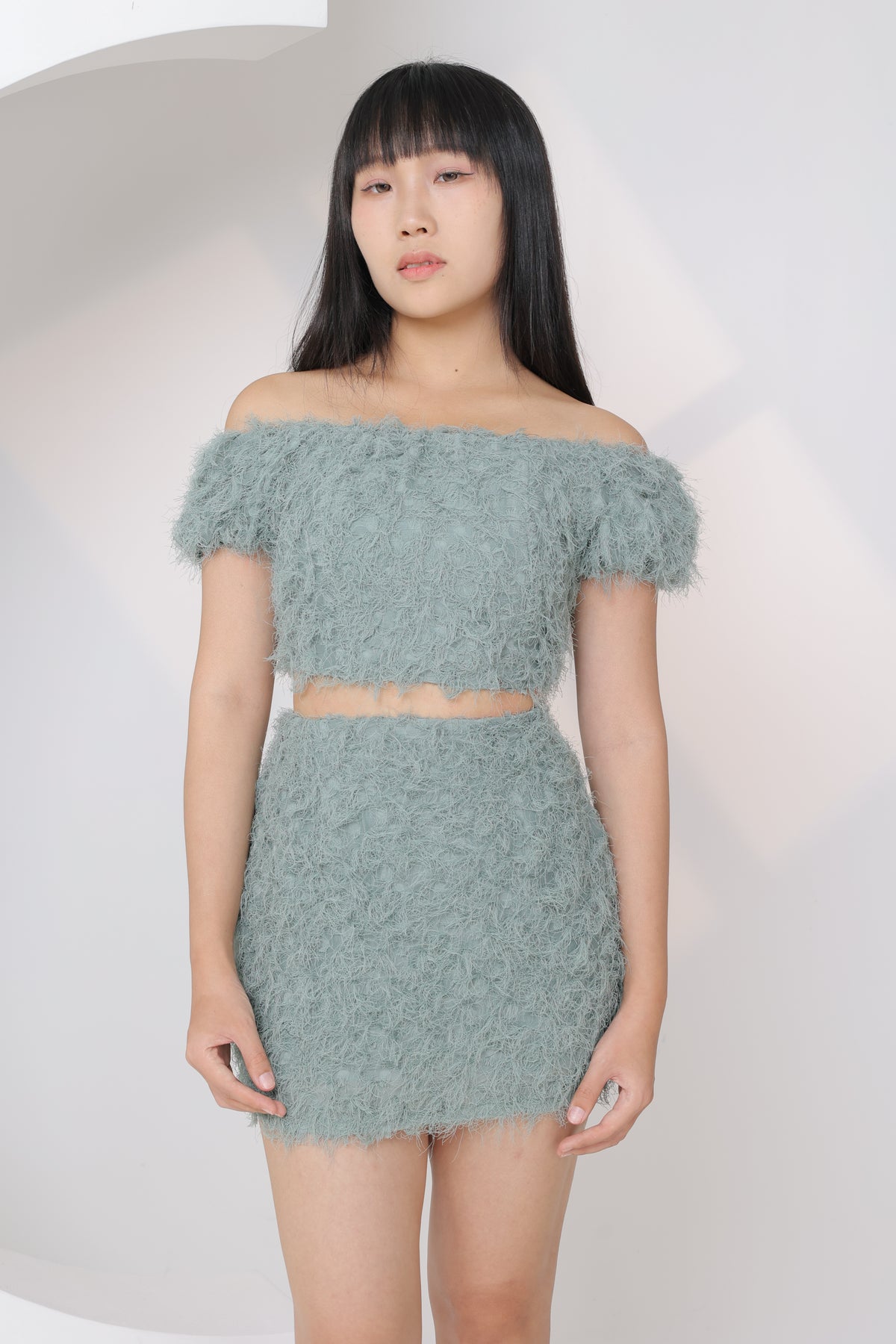 Candy Fluffy Off Shoulder Two Piece Set (Soft Green)
