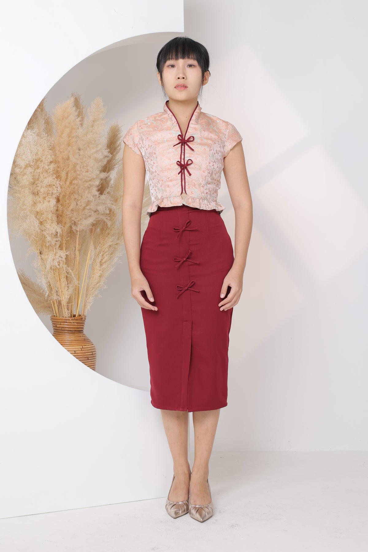 Shin Midi Skirt Pencil ( Maroon Red and Black)