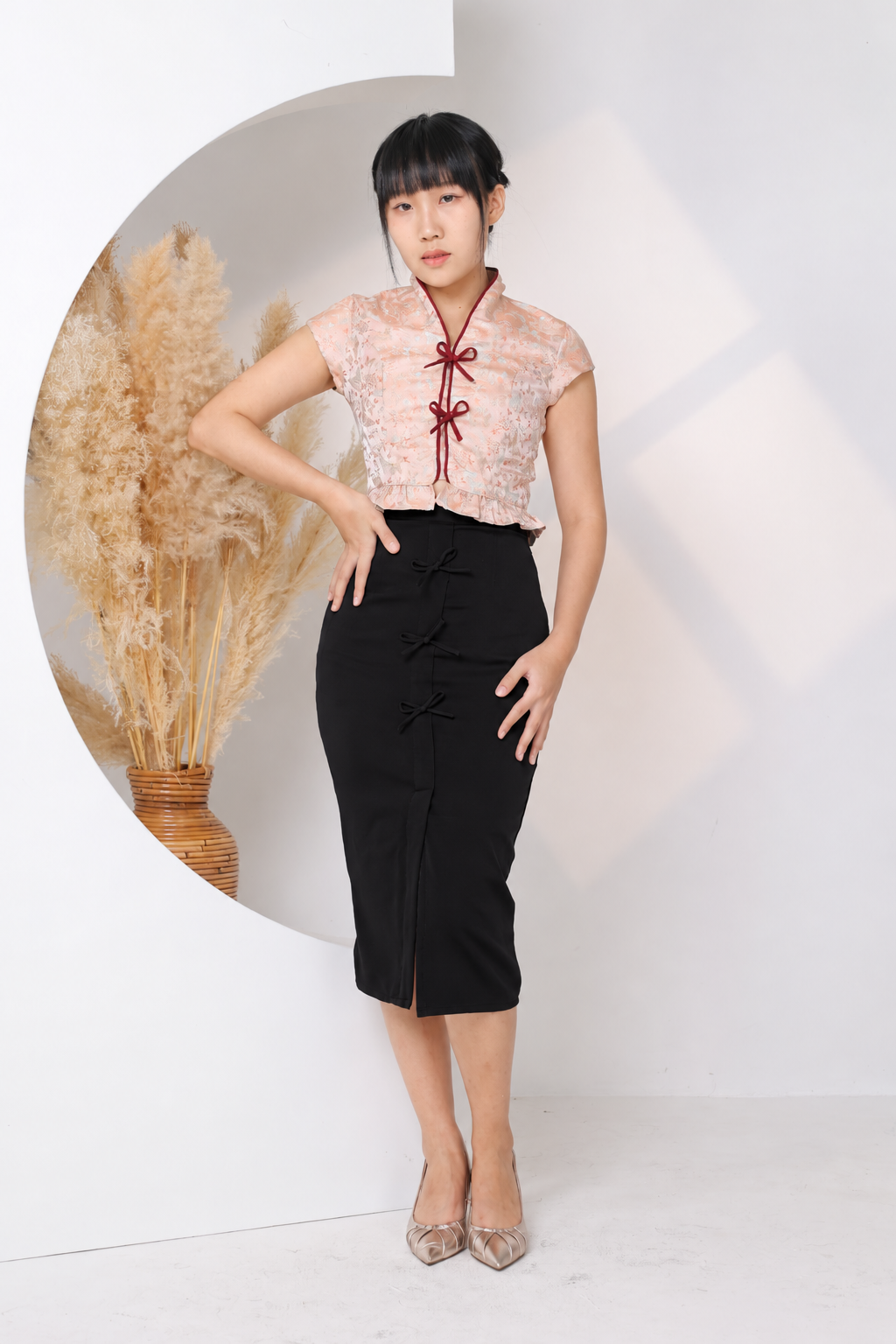 Shin Midi Skirt Pencil ( Maroon Red and Black)