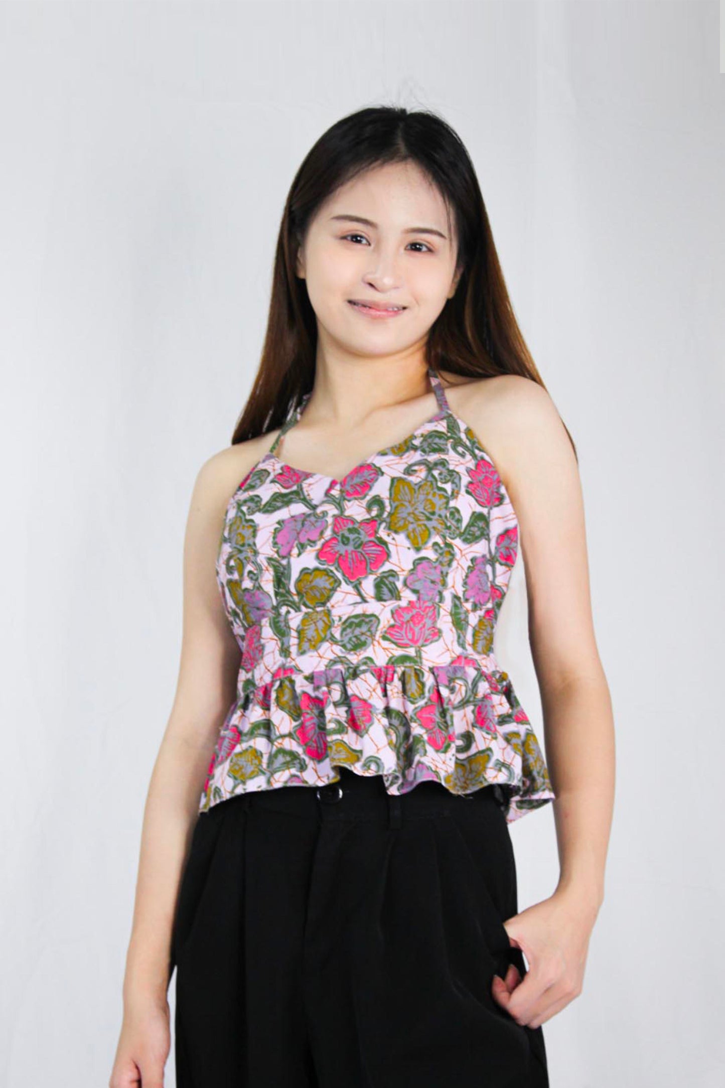Aria Halter Neck Peplum Top (Patch Blue)